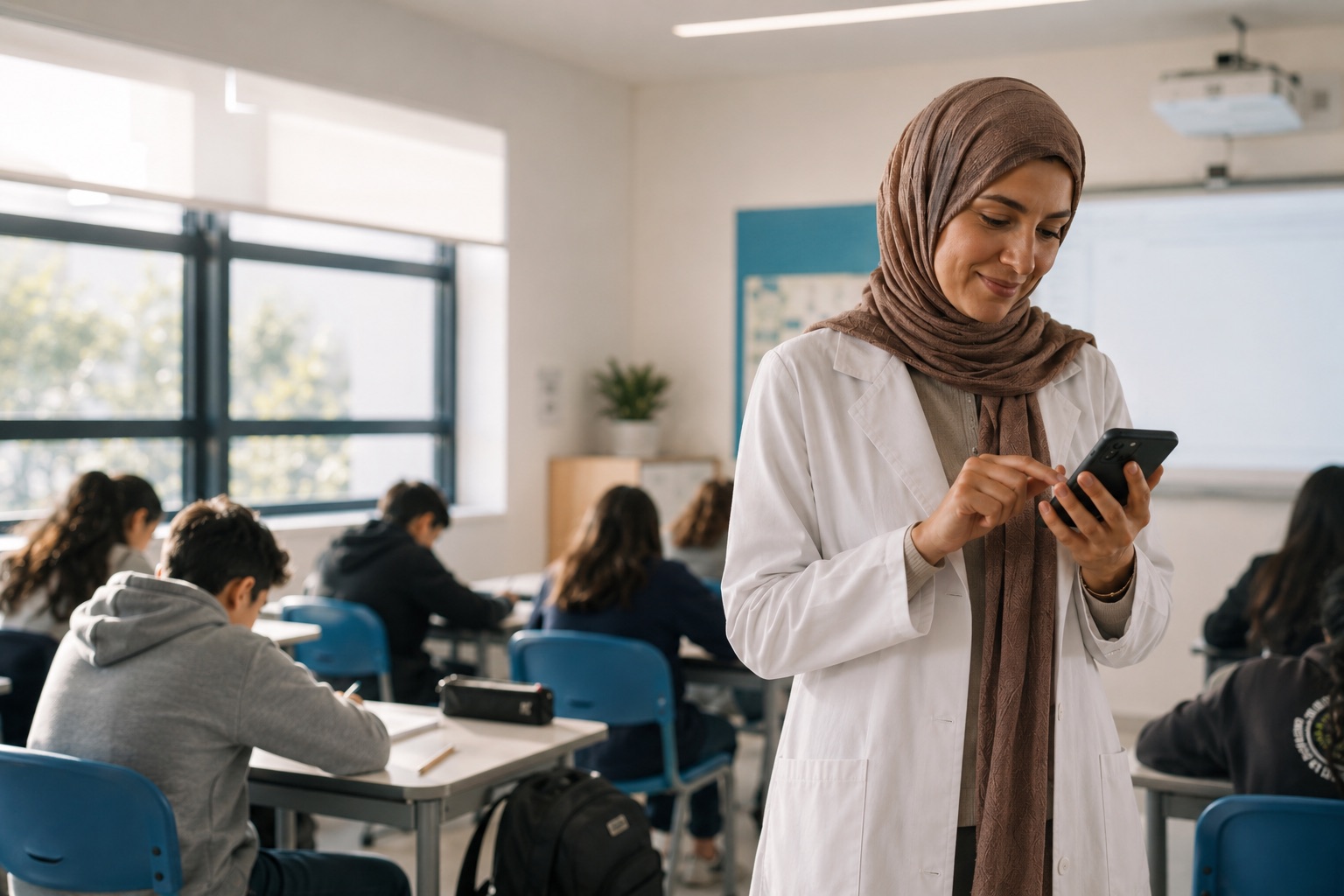 Une enseignante fait l'appel sur son téléphone, devant sa classe