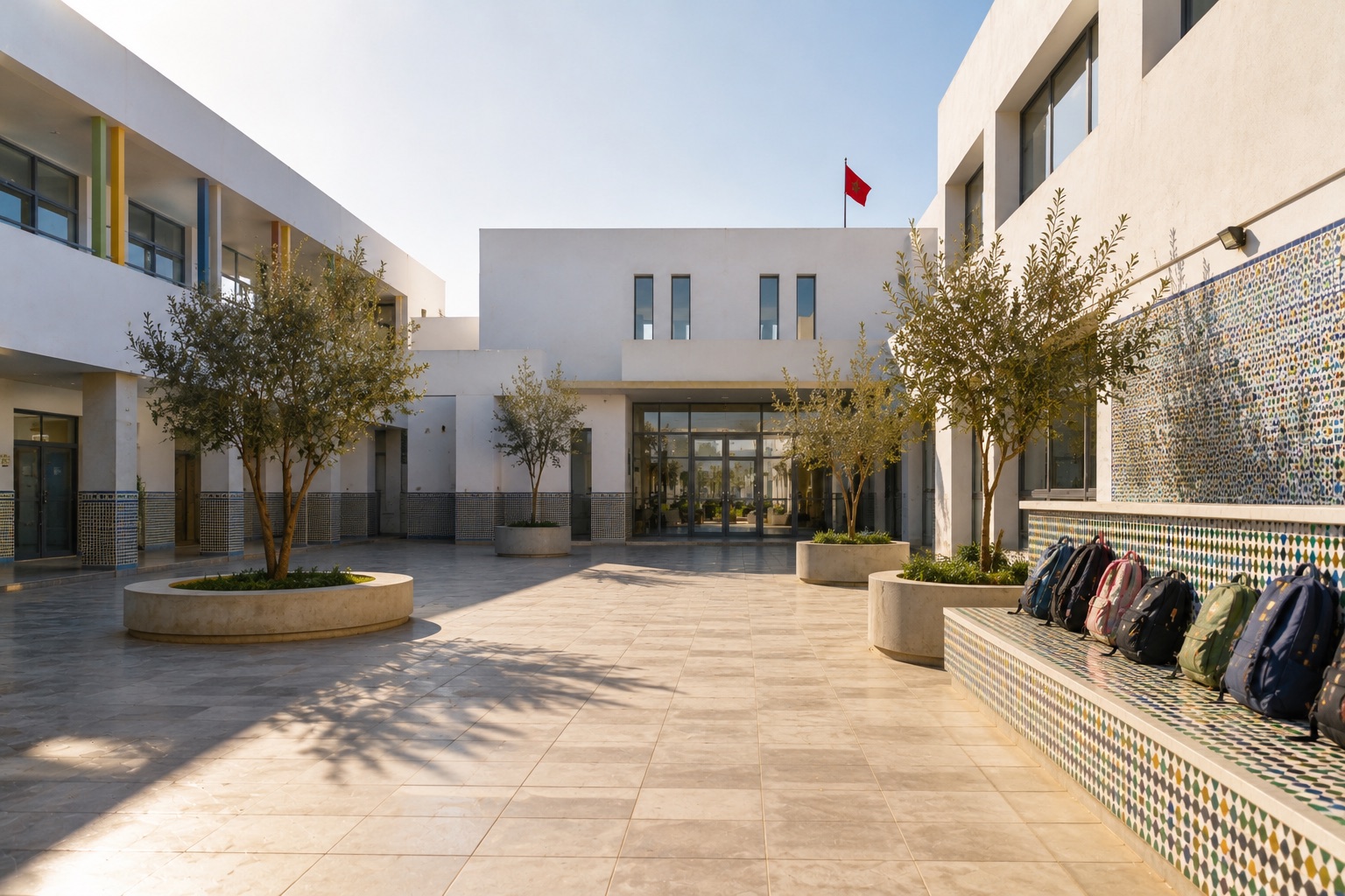 Cour d'une école privée marocaine moderne, cartables posés sur un banc